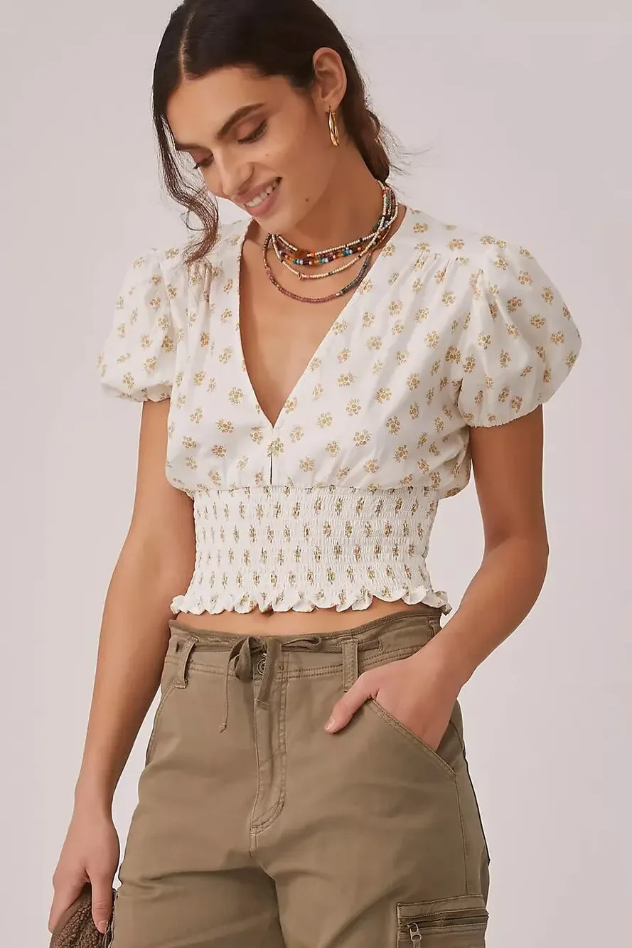 FAITHFULL THE BRAND Alba Top V-Neck Smocked Blouse Cairo Floral 8 Large L